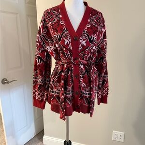 Women's Red Patterned Sweater Cardigan